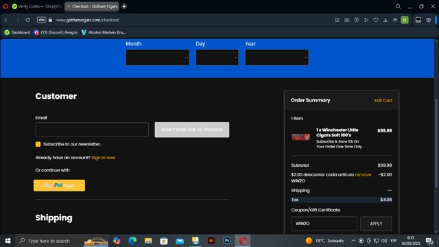 Gotham Cigars checkout page showing Gotham Cigars coupon code box | Screenshot taken by SimplyCodes community member on Mar 30, 2025