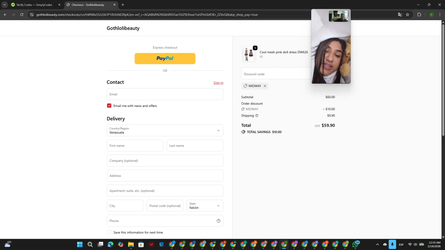 Gothlolibeauty promo code screenshot showing code MIDWAY applied at Gothlolibeauty checkout page. Uploaded by SimplyCodes community member GoldScout9735 on Feb 19, 2026