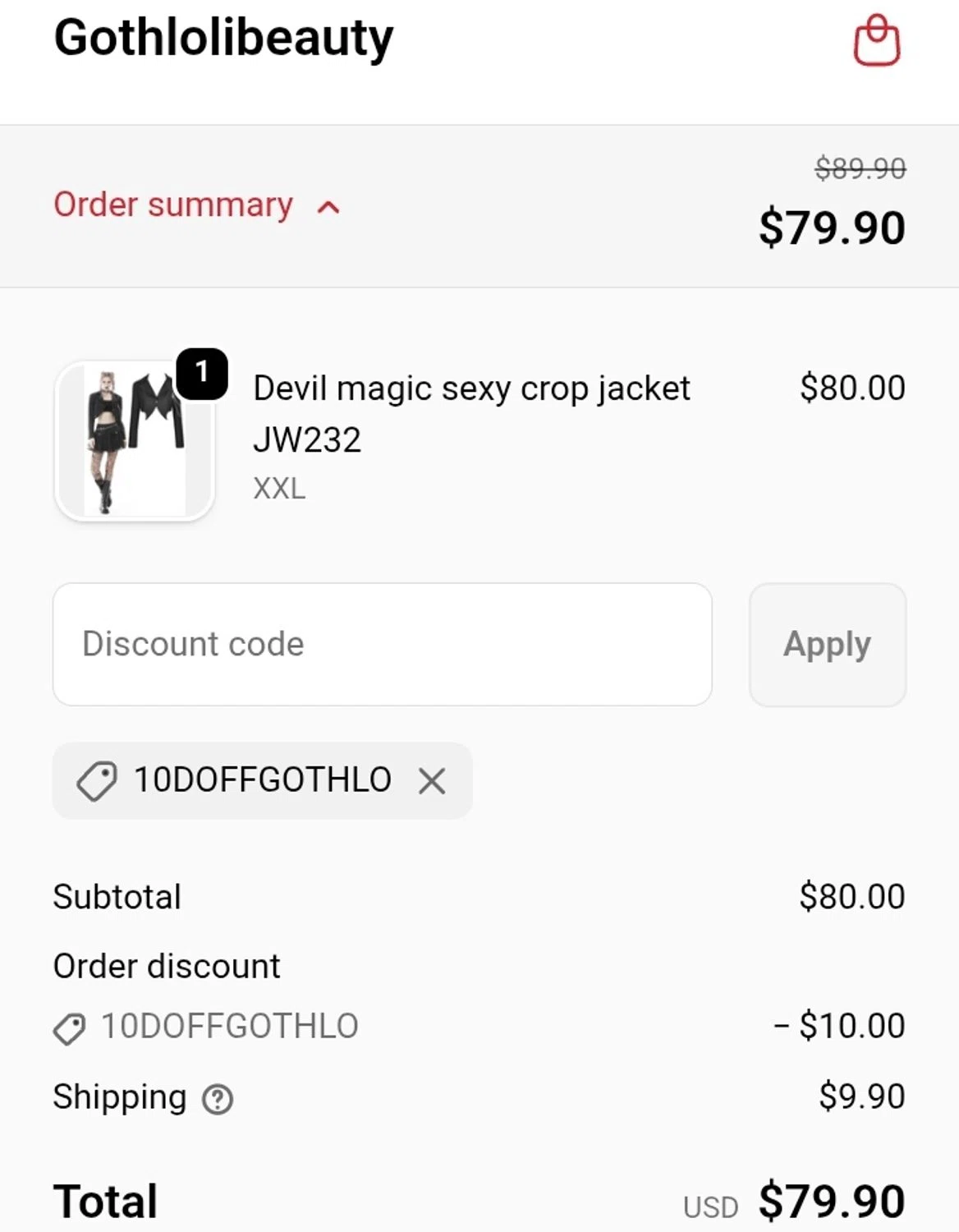 Gothlolibeauty promo code screenshot showing code 10doffgothlo applied at Gothlolibeauty checkout page. Uploaded by SimplyCodes community member ValiantCurator3344 on Feb 19, 2026