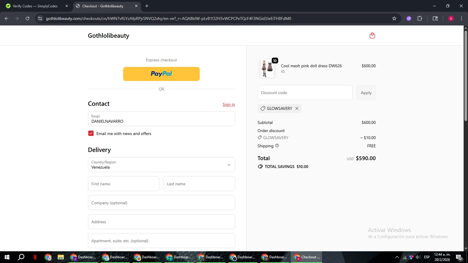 Gothlolibeauty promo code screenshot showing code GLOWSAVERY applied at Gothlolibeauty checkout page. Uploaded by SimplyCodes community member BMWGS1200 on Feb 20, 2026