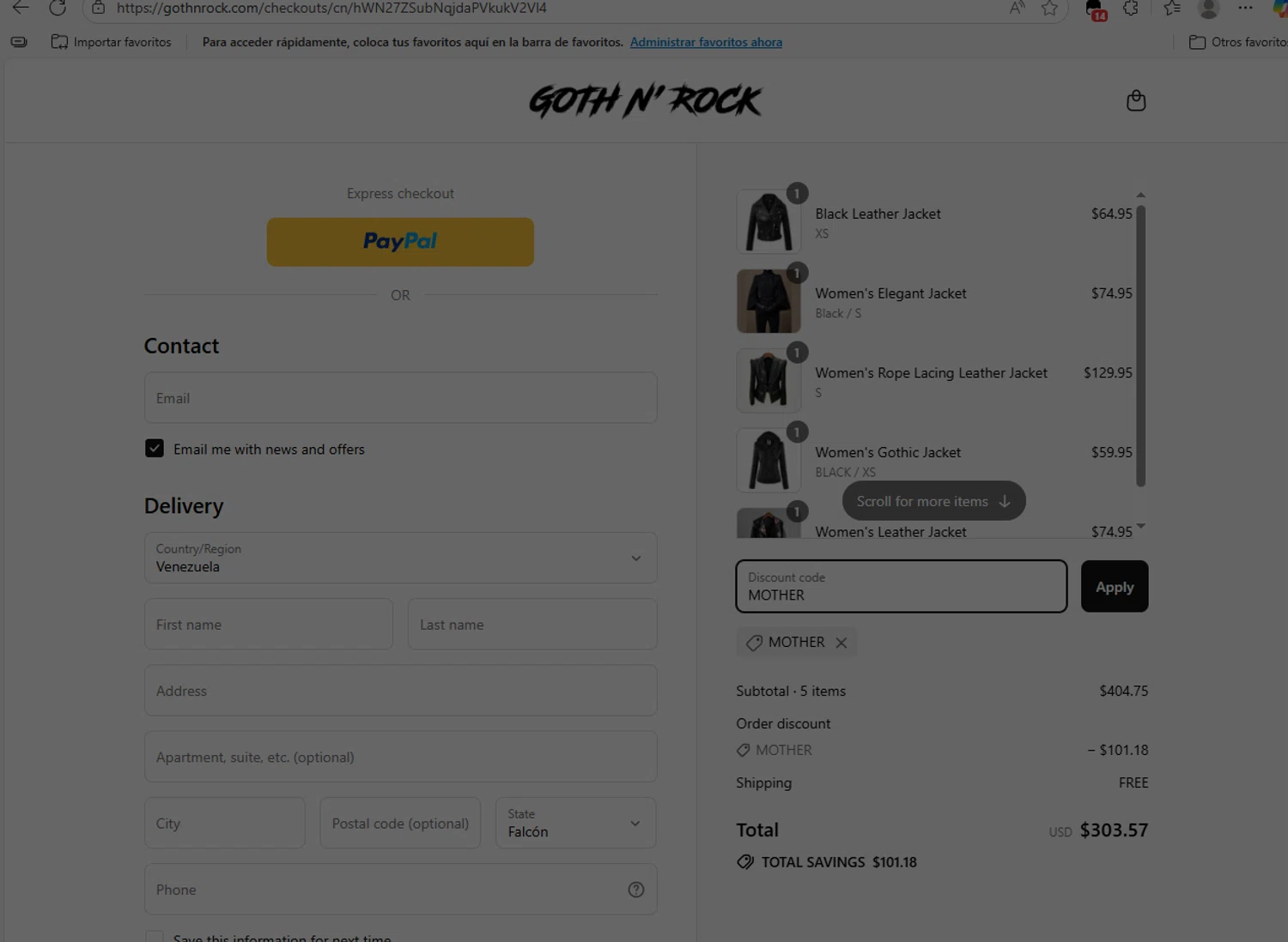 Goth N' Rock discount code screenshot showing code MOTHER applied at Goth N' Rock checkout page. Uploaded by SimplyCodes community member NobleLion9913 on Aug 23, 2025