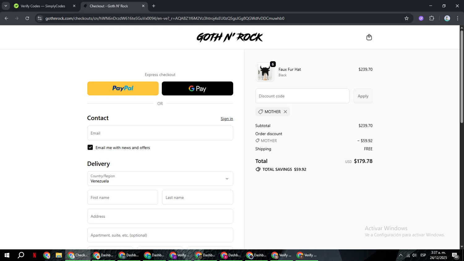 Goth N' Rock discount code screenshot showing code MOTHER applied at Goth N' Rock checkout page. Uploaded by SimplyCodes community member ShrewdSeeker6165 on Dec 24, 2025