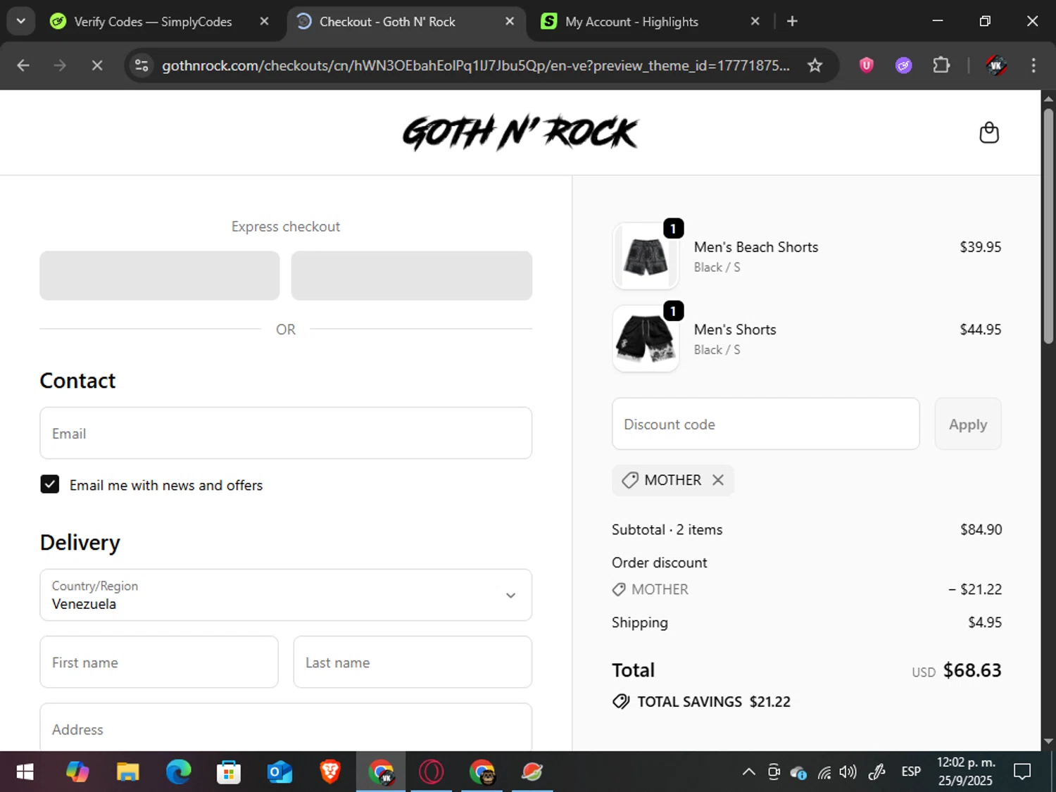 Goth N' Rock discount code screenshot showing code MOTHER applied at Goth N' Rock checkout page. Uploaded by SimplyCodes community member TreasureAdmiral6867 on Sep 25, 2025
