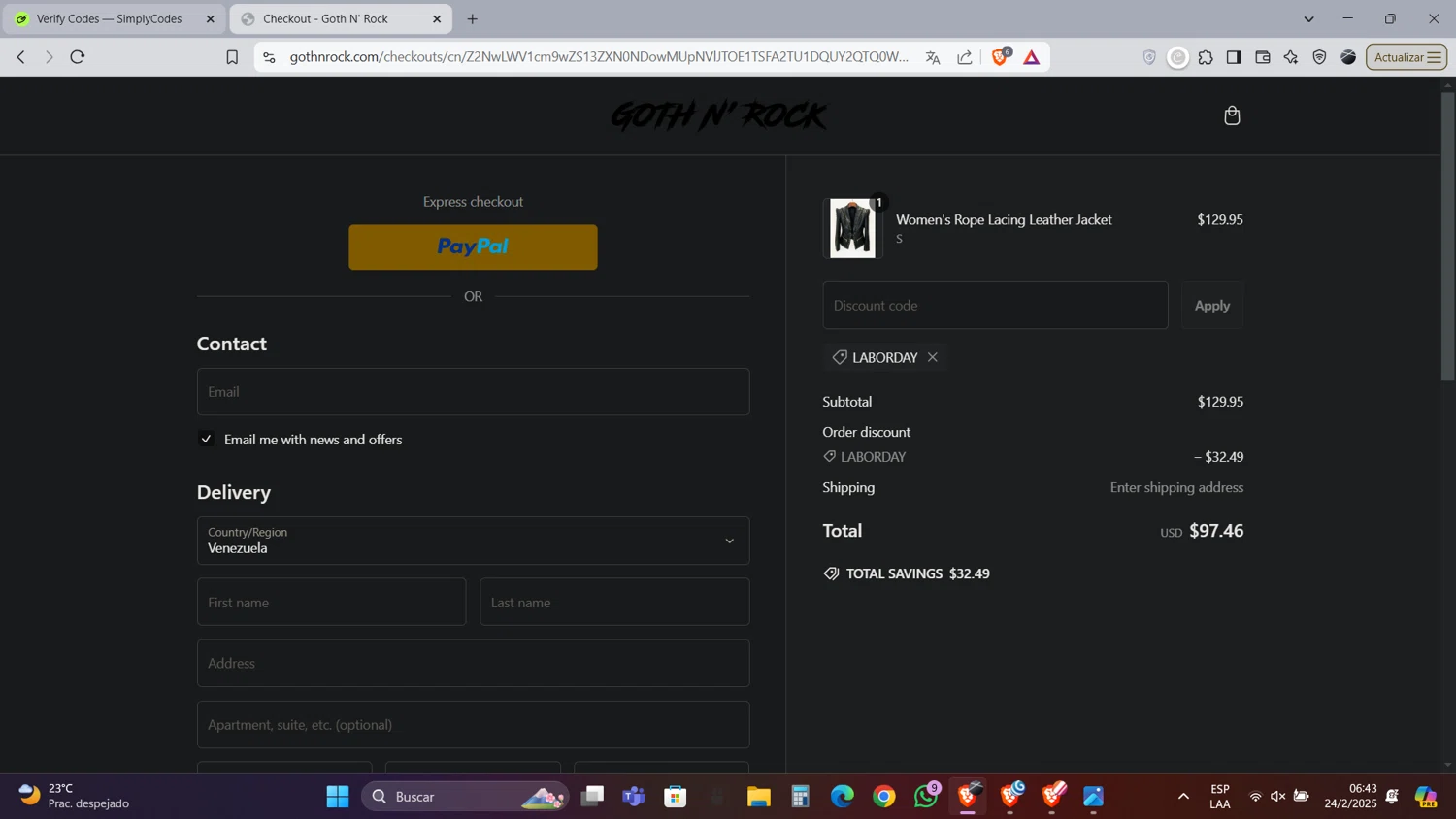 Goth N' Rock discount code screenshot showing code LABORDAY applied at Goth N' Rock checkout page. Uploaded by SimplyCodes community member Caraxes on Feb 24, 2025