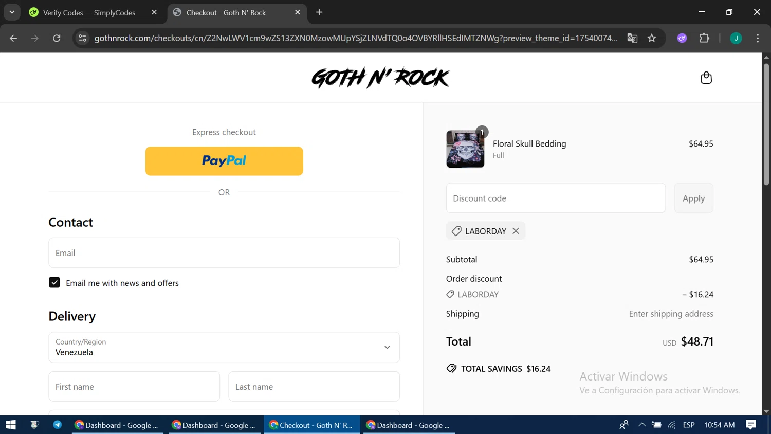 Goth N' Rock discount code screenshot showing code LABORDAY applied at Goth N' Rock checkout page. Uploaded by SimplyCodes community member LuckyPioneer1051 on Jun 12, 2025