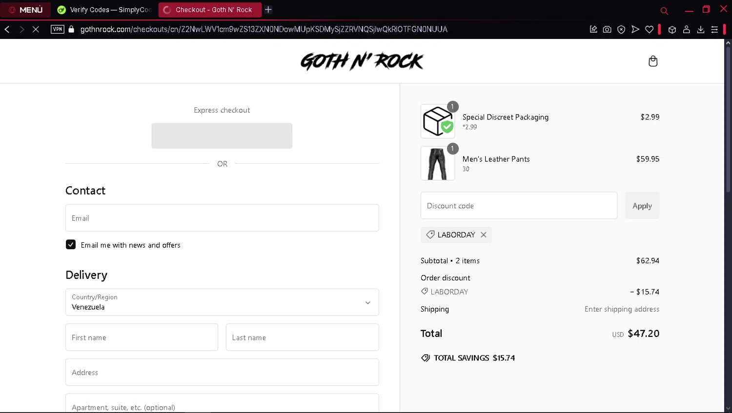 Goth N' Rock discount code screenshot showing code LABORDAY applied at Goth N' Rock checkout page. Uploaded by SimplyCodes community member fuguettt on Jan 26, 2025