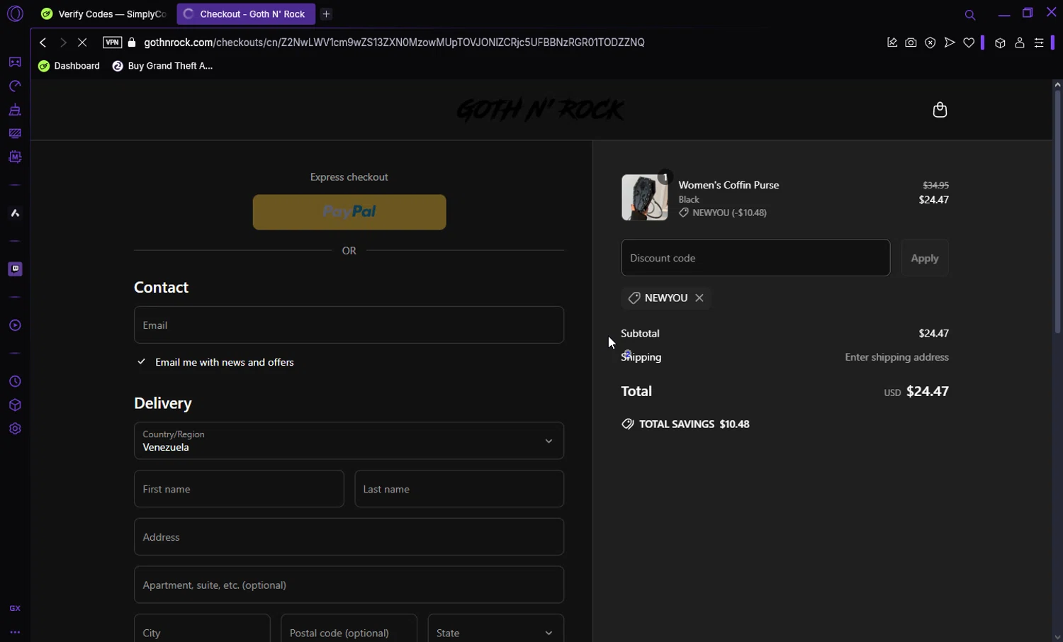Goth N' Rock discount code screenshot showing code NEWYOU applied at Goth N' Rock checkout page. Uploaded by SimplyCodes community member Darka007 on Apr 20, 2025