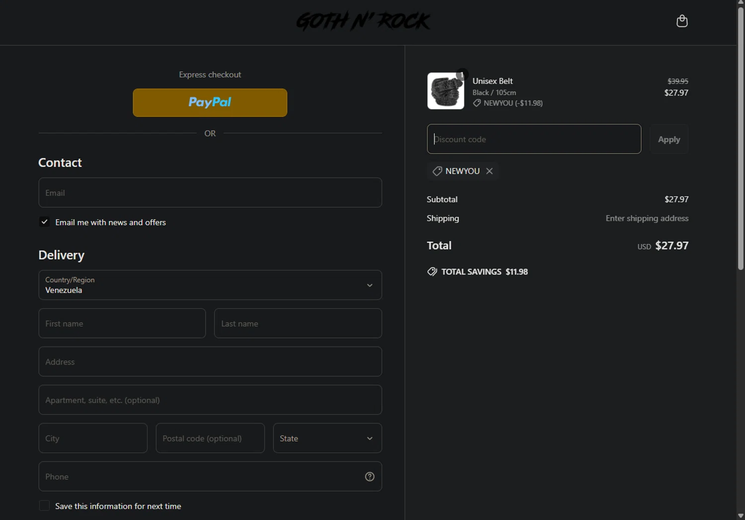 Goth N' Rock discount code screenshot showing code NEWYOU applied at Goth N' Rock checkout page. Uploaded by SimplyCodes community member yunexxx on Apr 20, 2025
