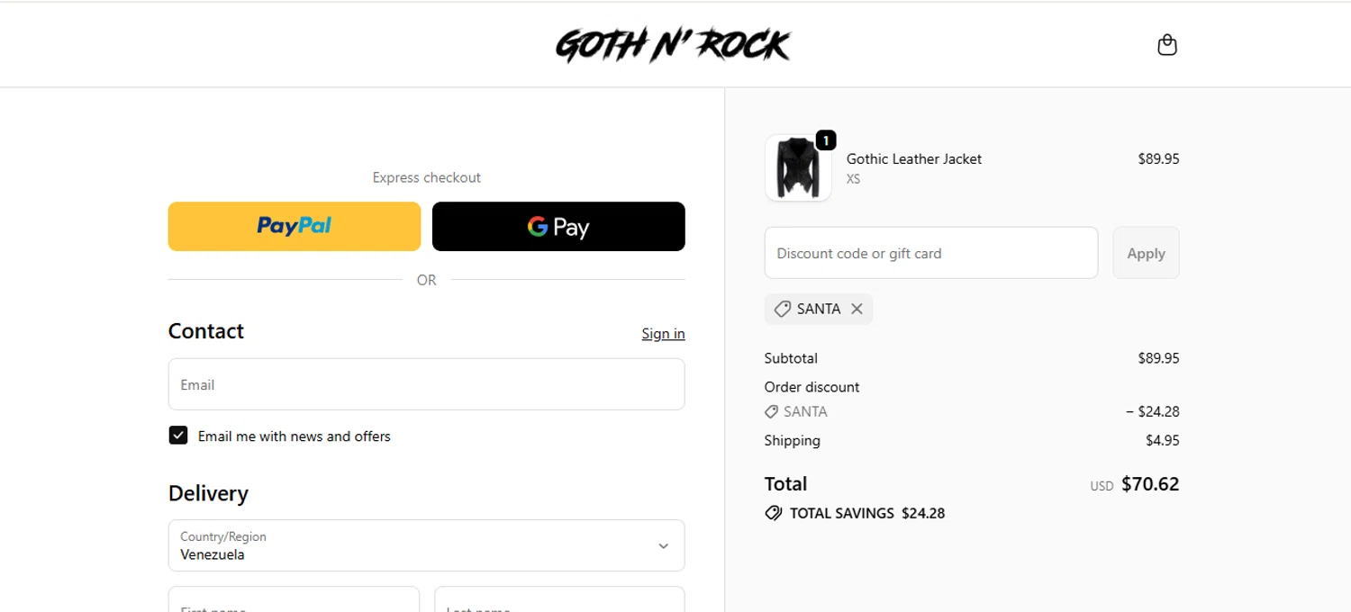 Goth N' Rock discount code screenshot showing code SANTA applied at Goth N' Rock checkout page. Uploaded by SimplyCodes community member armalissolorzano1 on Jan 28, 2026