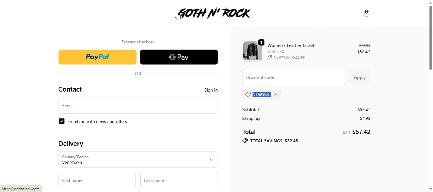 Goth N' Rock discount code screenshot showing code NEWYOU applied at Goth N' Rock checkout page. Uploaded by SimplyCodes community member armalissolorzano1 on Nov 13, 2025