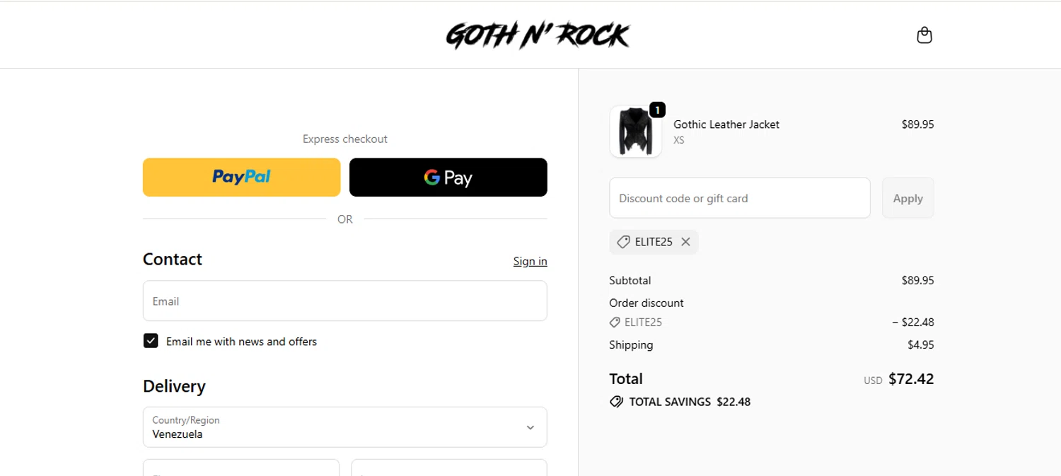 Goth N' Rock discount code screenshot showing code ELITE25 applied at Goth N' Rock checkout page. Uploaded by SimplyCodes community member armalissolorzano1 on Jan 28, 2026