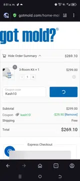 Kash10 coupon verification screenshot