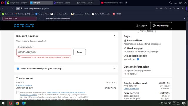 GotoGate checkout page showing GotoGate promo code box | Screenshot taken by SimplyCodes community member on Nov 14, 2024