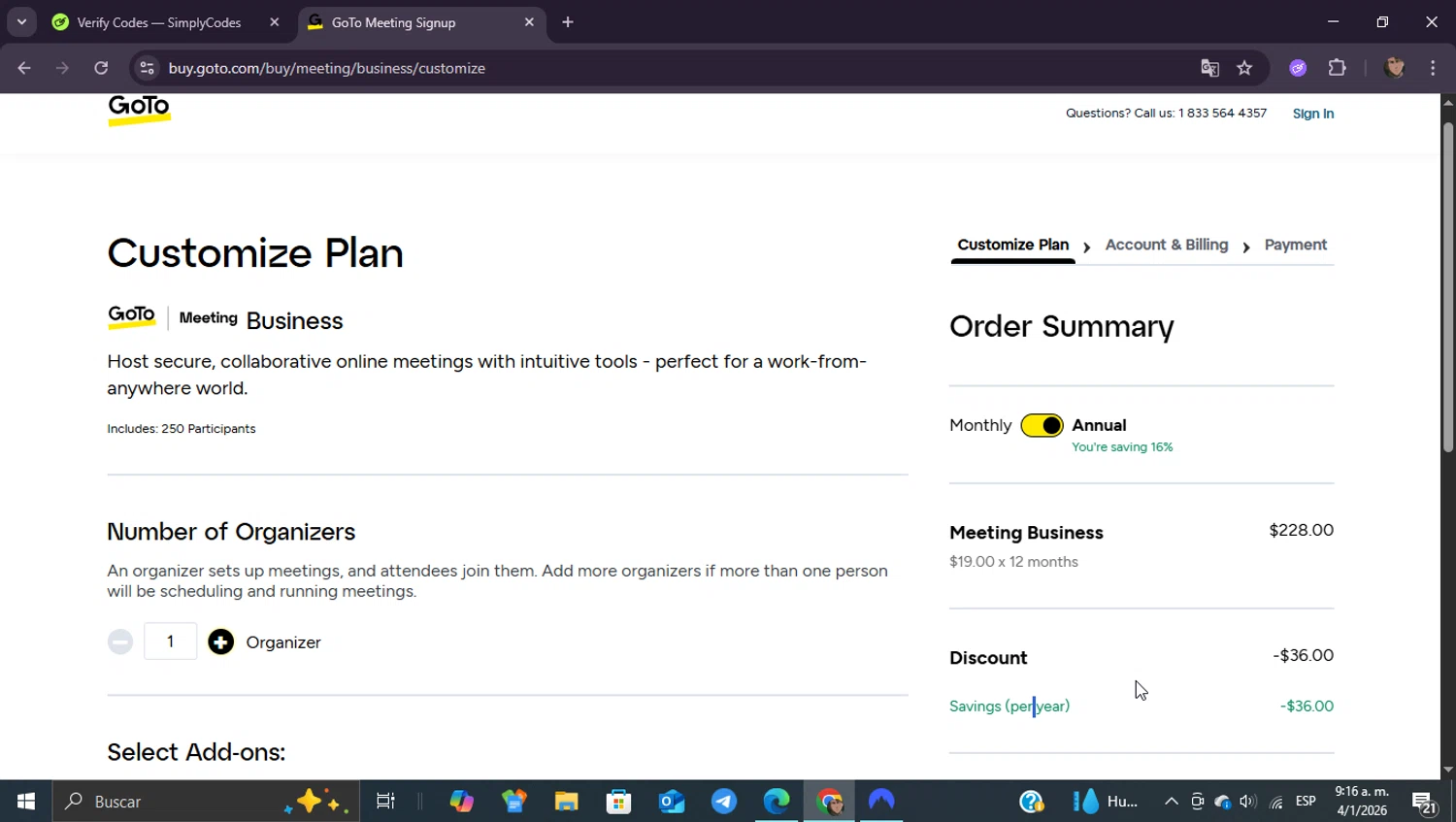 GoToMeeting promo code screenshot showing code SAVE14% applied at GoToMeeting checkout page. Uploaded by SimplyCodes community member ShieldEagle9436 on Jan 4, 2026