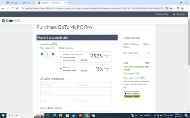 GoToMyPC checkout page showing GoToMyPC promo code box | Screenshot taken by SimplyCodes community member on Dec 26, 2023