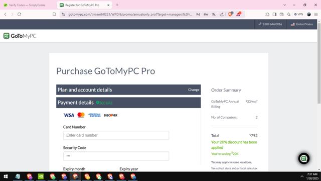 GoToMyPC checkout page showing GoToMyPC promo code box | Screenshot taken by SimplyCodes community member on Jan 30, 2025