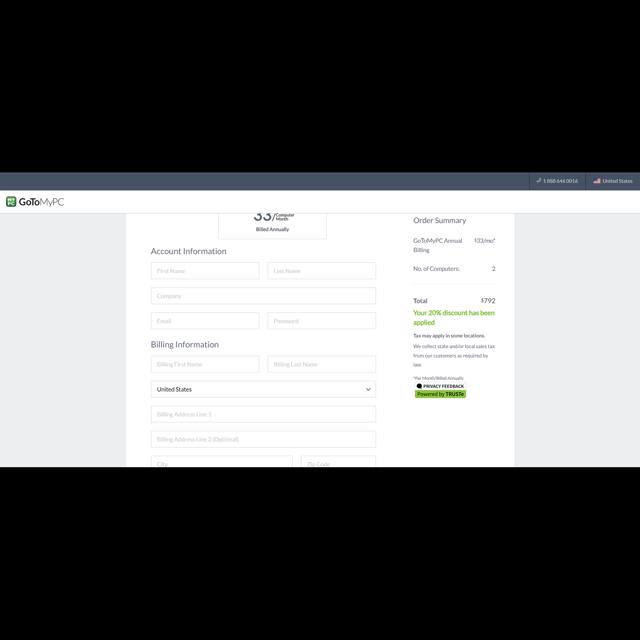 GoToMyPC checkout page showing GoToMyPC promo code box | Screenshot taken by SimplyCodes community member on Sep 1, 2023