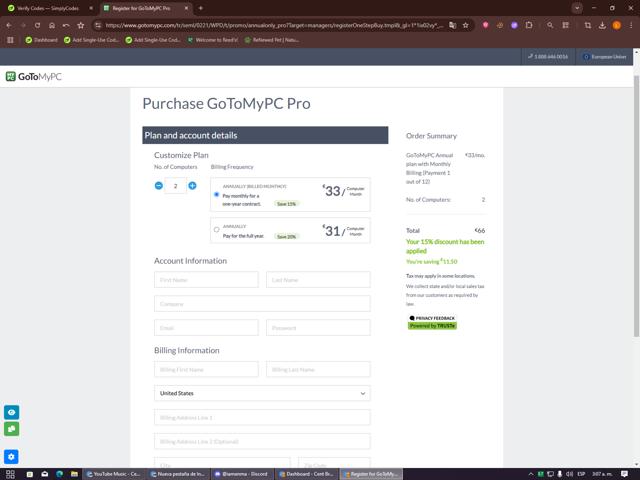 GoToMyPC checkout page showing GoToMyPC promo code box | Screenshot taken by SimplyCodes community member on Sep 14, 2025