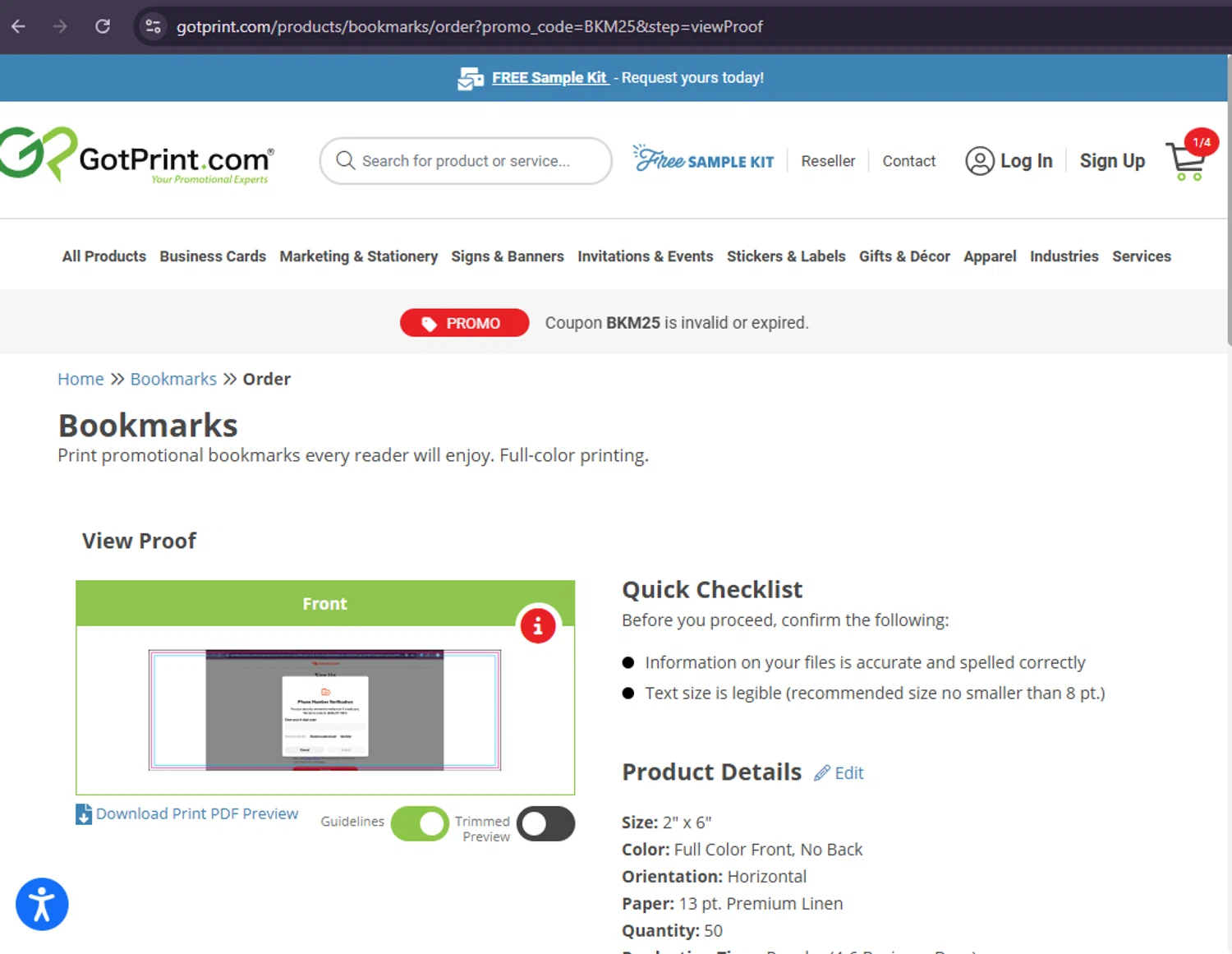 Gotprint.com promo code screenshot showing code BKM25 applied at Gotprint.com checkout page. Uploaded by SimplyCodes community member MoneySage8222 on Feb 8, 2026