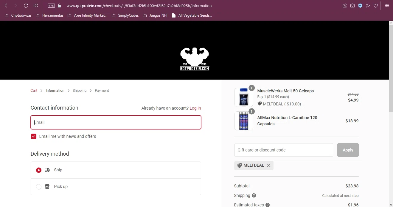 GotProtein.com checkout page showing GotProtein.com discount code box | Screenshot taken by SimplyCodes community member on Jan 29, 2023