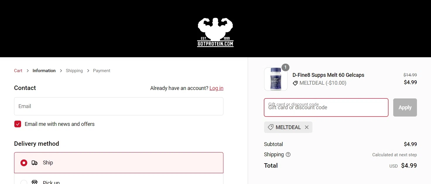 GotProtein.com checkout page showing GotProtein.com discount code box | Screenshot taken by SimplyCodes community member on Jul 22, 2023