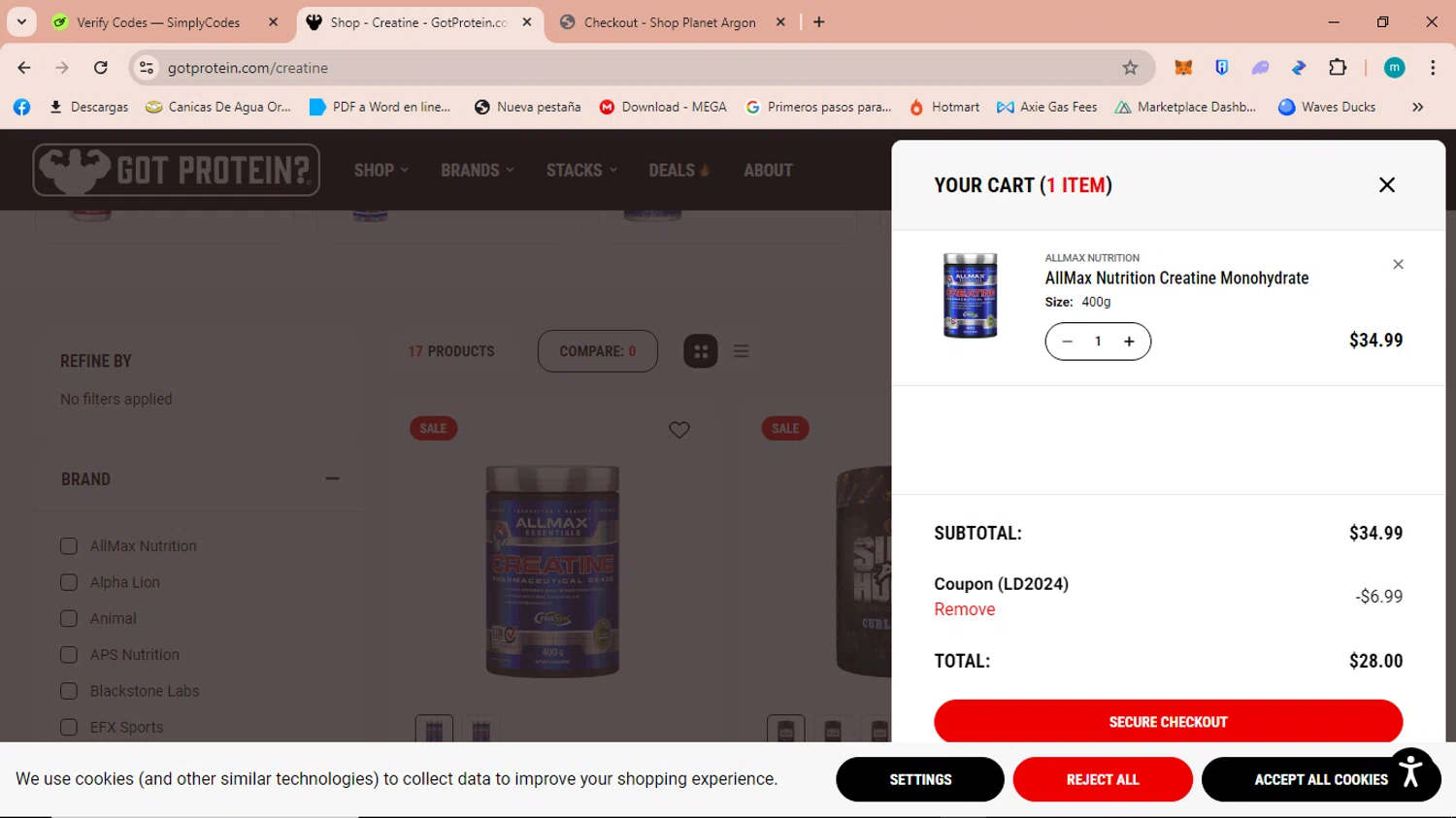 GotProtein.com checkout page showing GotProtein.com discount code box | Screenshot taken by SimplyCodes community member on Aug 29, 2024