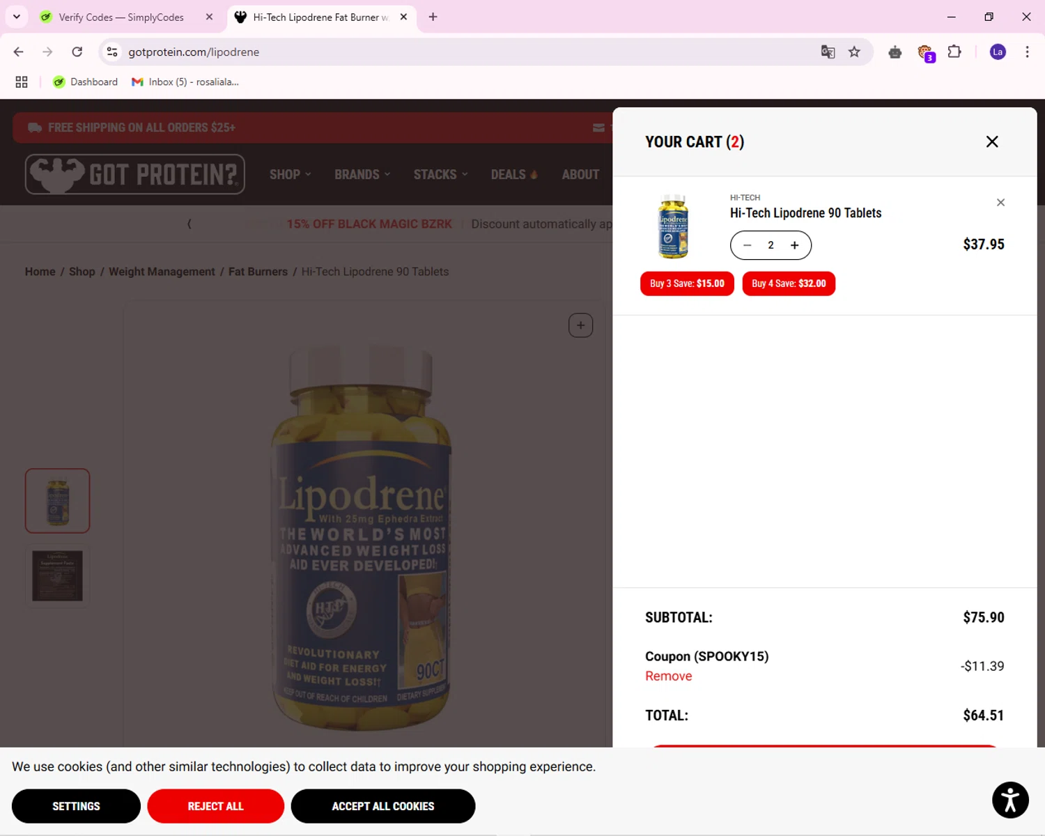 GotProtein.com checkout page showing GotProtein.com discount code box | Screenshot taken by SimplyCodes community member on Oct 31, 2024