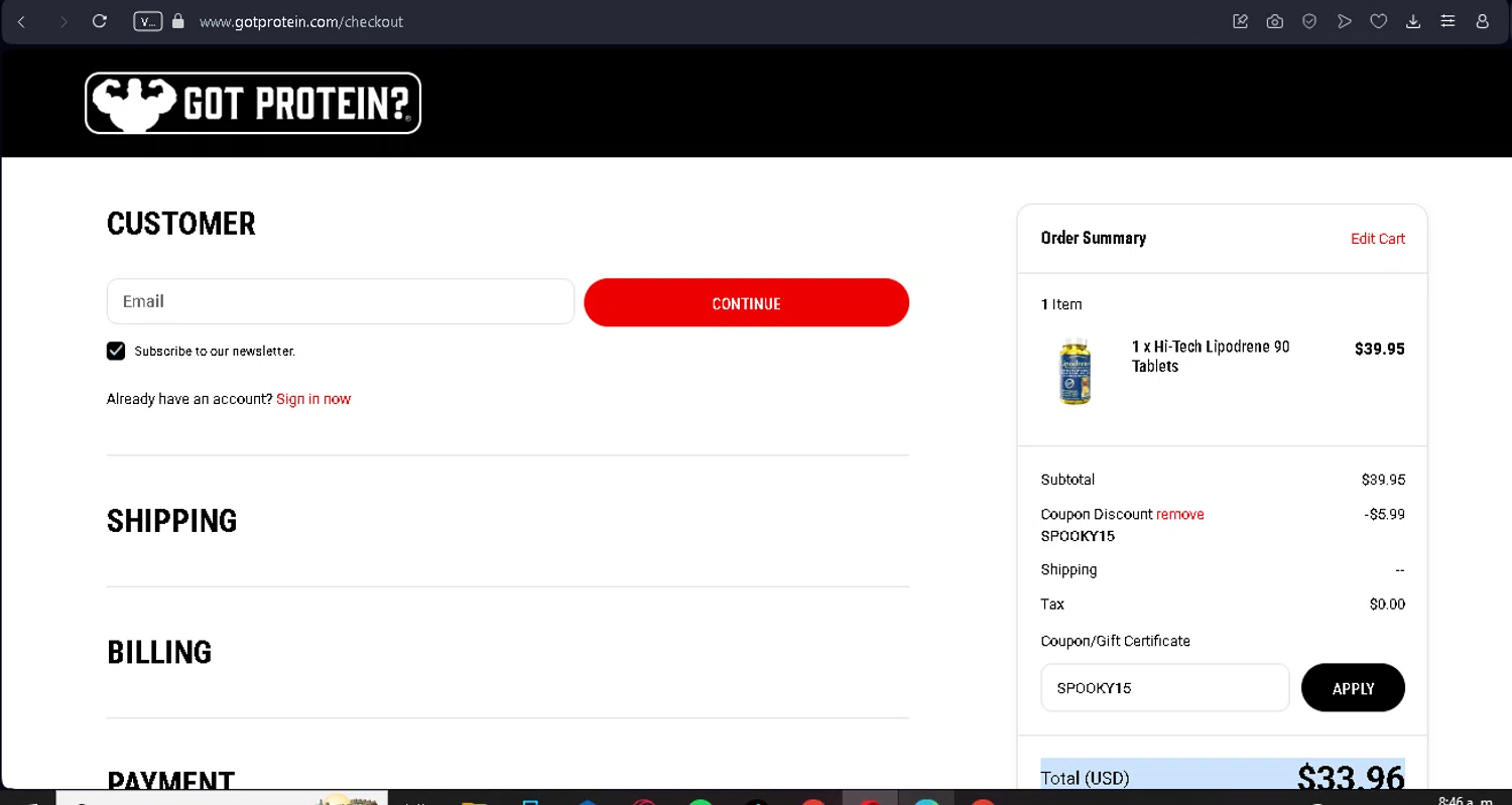 GotProtein.com checkout page showing GotProtein.com discount code box | Screenshot taken by SimplyCodes community member on Oct 31, 2024