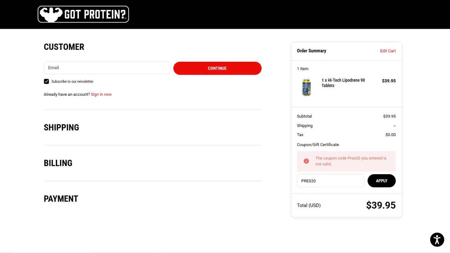 GotProtein.com discount code screenshot showing code PRES20 applied at GotProtein.com checkout page. Uploaded by SimplyCodes community member TokioMiller on Feb 26, 2025