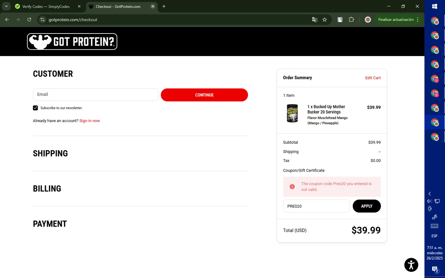 GotProtein.com discount code screenshot showing code PRES20 applied at GotProtein.com checkout page. Uploaded by SimplyCodes community member CashMaverick8128 on Feb 26, 2025