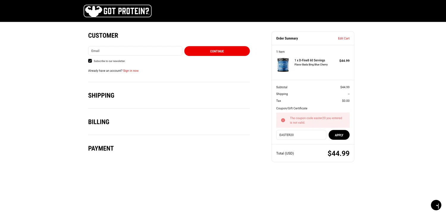 GotProtein.com discount code screenshot showing code EASTER20 applied at GotProtein.com checkout page. Uploaded by SimplyCodes community member NobleMaestro6498 on Apr 28, 2025
