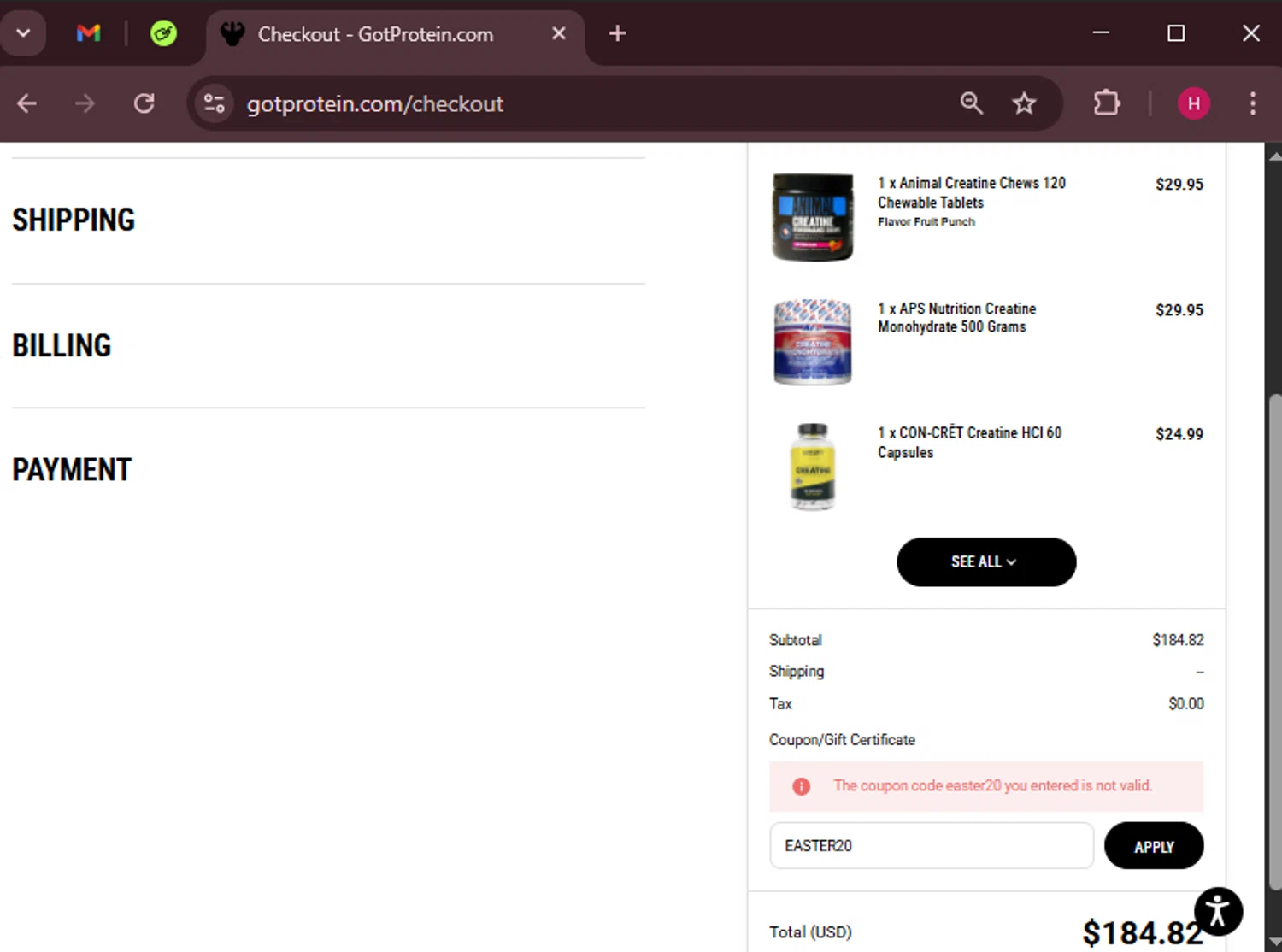 GotProtein.com discount code screenshot showing code EASTER20 applied at GotProtein.com checkout page. Uploaded by SimplyCodes community member RewardWarden8289 on Apr 28, 2025
