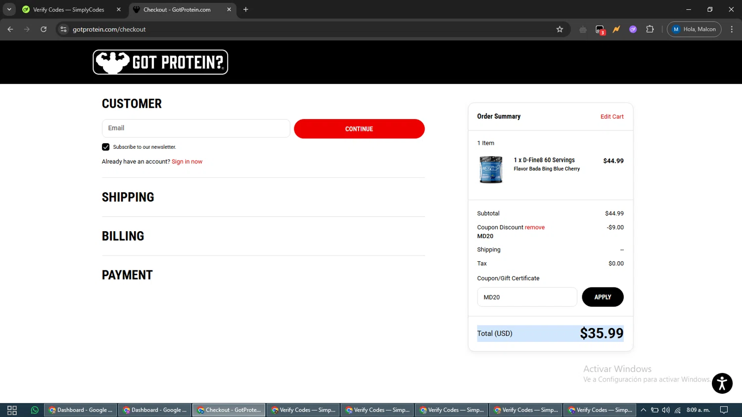 GotProtein.com discount code screenshot showing code MD20 applied at GotProtein.com checkout page. Uploaded by SimplyCodes community member EpicVoyager2820 on May 27, 2025