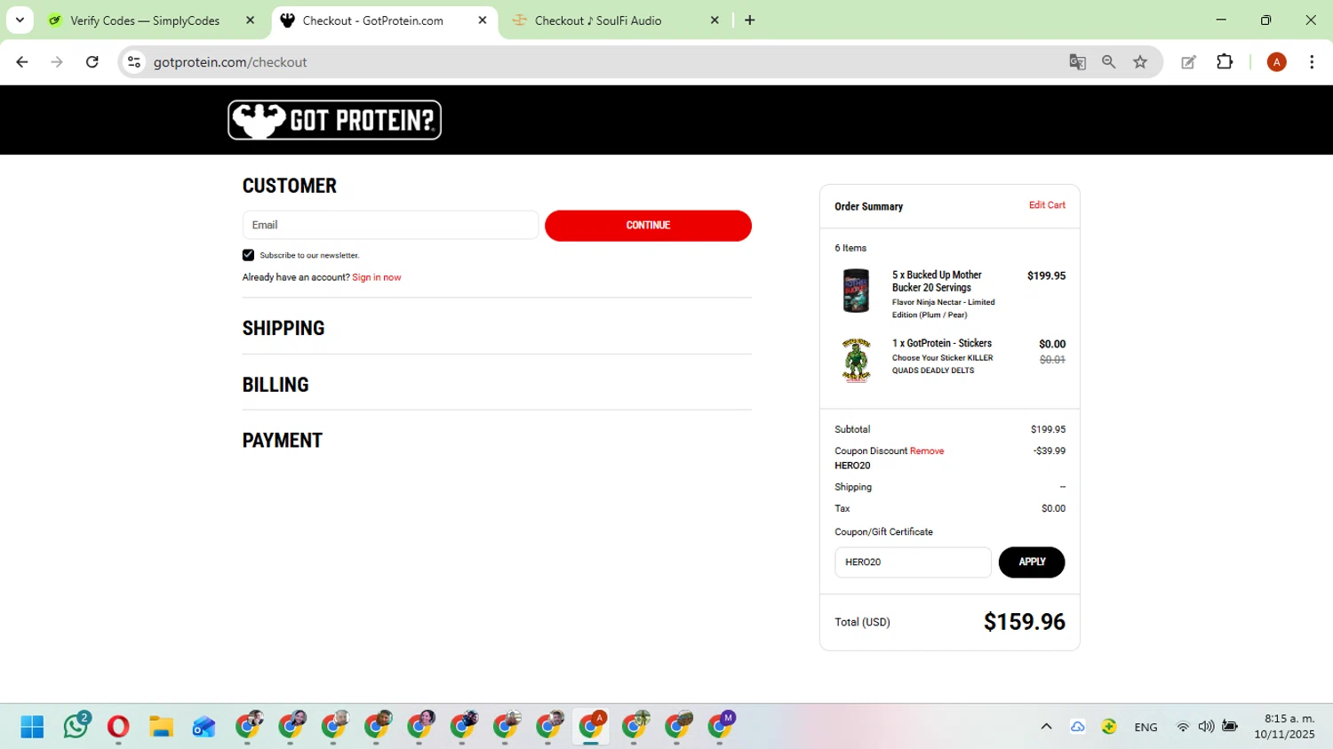 GotProtein.com discount code screenshot showing code HERO20 applied at GotProtein.com checkout page. Uploaded by SimplyCodes community member FundoKadmiel on Nov 10, 2025