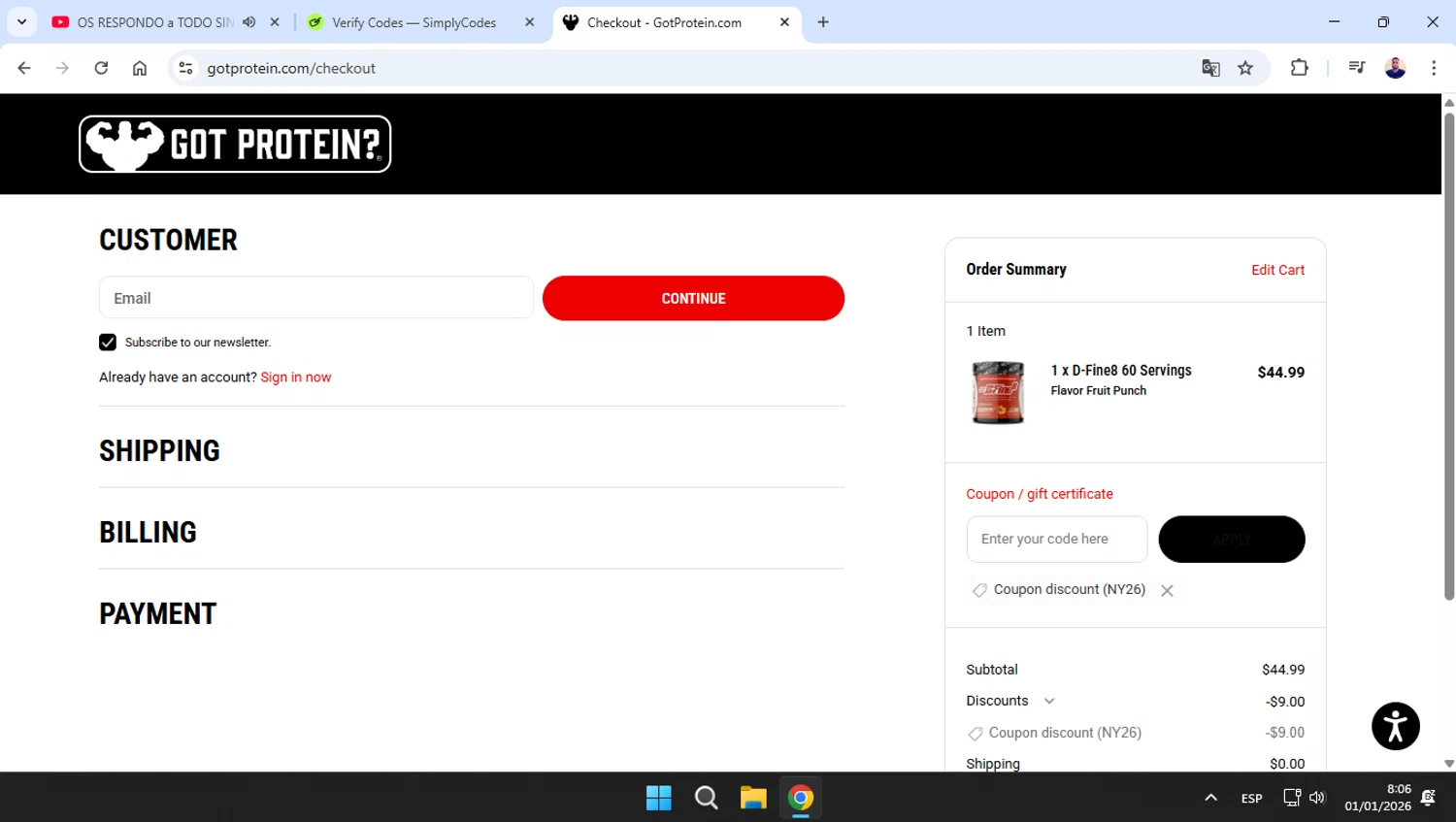 GotProtein.com discount code screenshot showing code NY26 applied at GotProtein.com checkout page. Uploaded by SimplyCodes community member joseg151520 on Jan 1, 2026