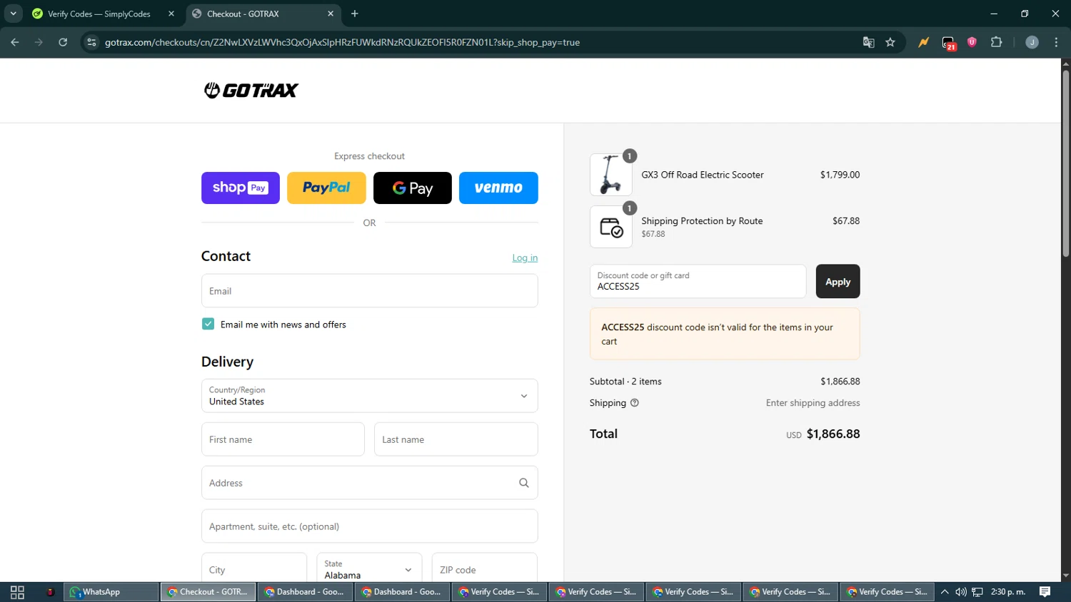 GOTRAX discount code screenshot showing code ACCESS25 applied at GOTRAX checkout page. Uploaded by SimplyCodes community member CashShopper1214 on Jul 6, 2025