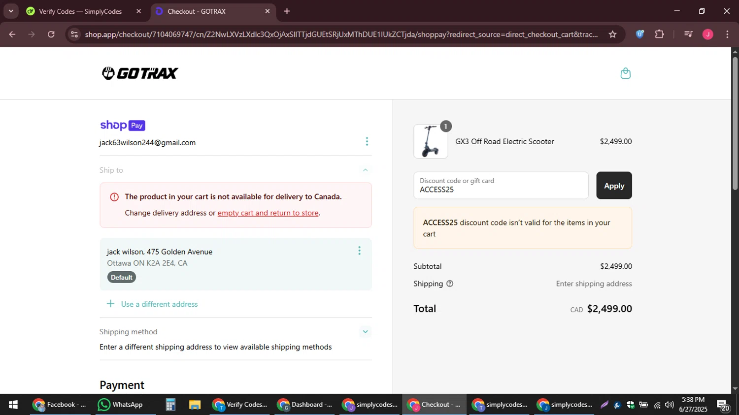 GOTRAX discount code screenshot showing code ACCESS25 applied at GOTRAX checkout page. Uploaded by SimplyCodes community member JackWilson63 on Jun 27, 2025