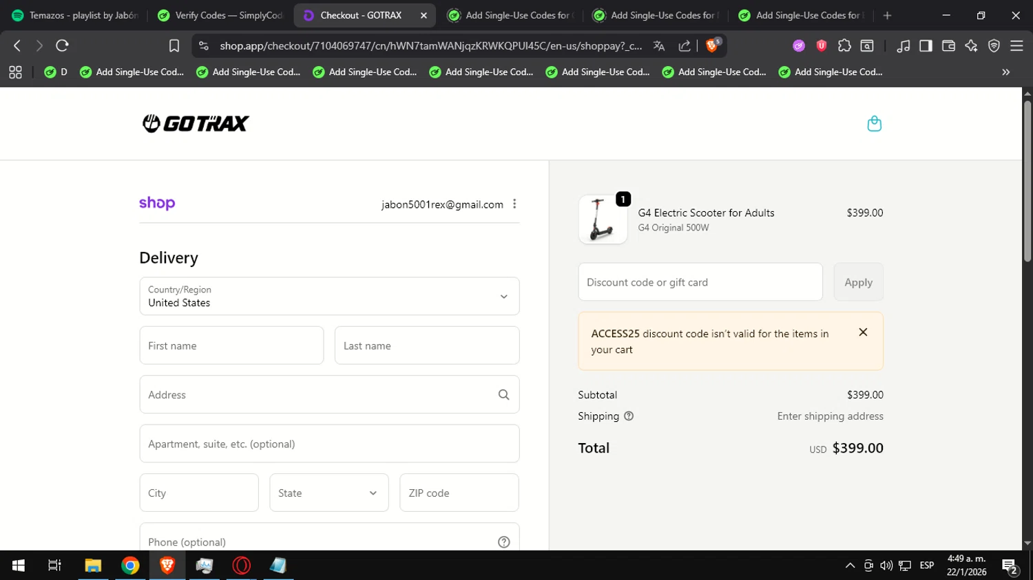 GOTRAX discount code screenshot showing code ACCESS25 applied at GOTRAX checkout page. Uploaded by SimplyCodes community member Ultrapapu on Jan 22, 2026