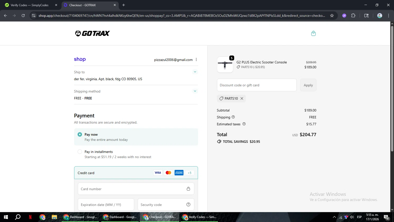 GOTRAX discount code screenshot showing code PARTS10 applied at GOTRAX checkout page. Uploaded by SimplyCodes community member ShrewdSeeker6165 on Jan 17, 2026