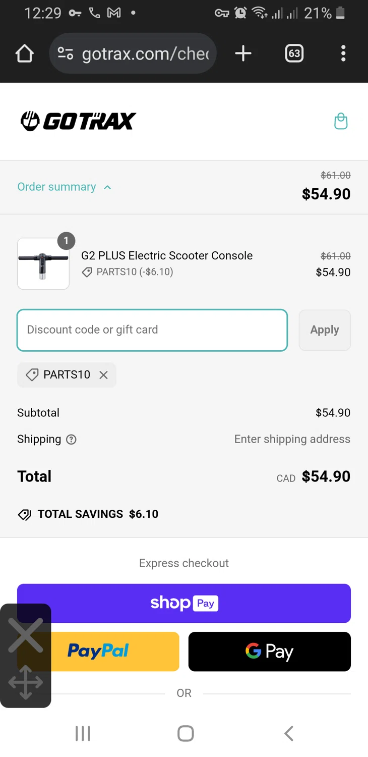 GOTRAX discount code screenshot showing code PARTS10 applied at GOTRAX checkout page. Uploaded by SimplyCodes community member TreasureLynx6841 on Mar 6, 2025
