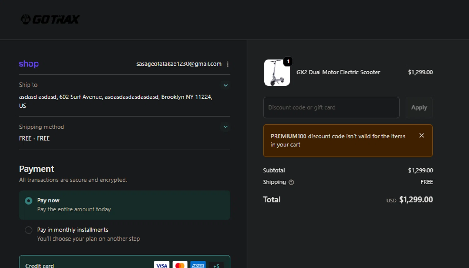 GOTRAX discount code screenshot showing code PREMIUM100 applied at GOTRAX checkout page. Uploaded by SimplyCodes community member PedroNavaja on Jan 20, 2026