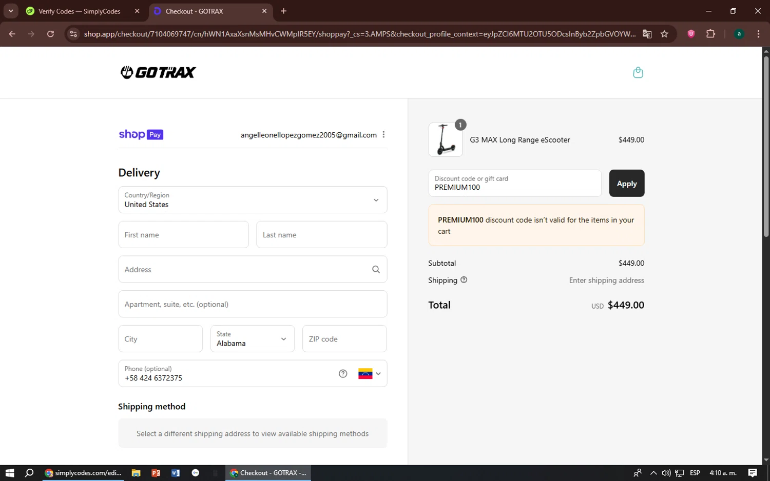 GOTRAX discount code screenshot showing code PREMIUM100 applied at GOTRAX checkout page. Uploaded by SimplyCodes community member zizu55 on Jul 29, 2025