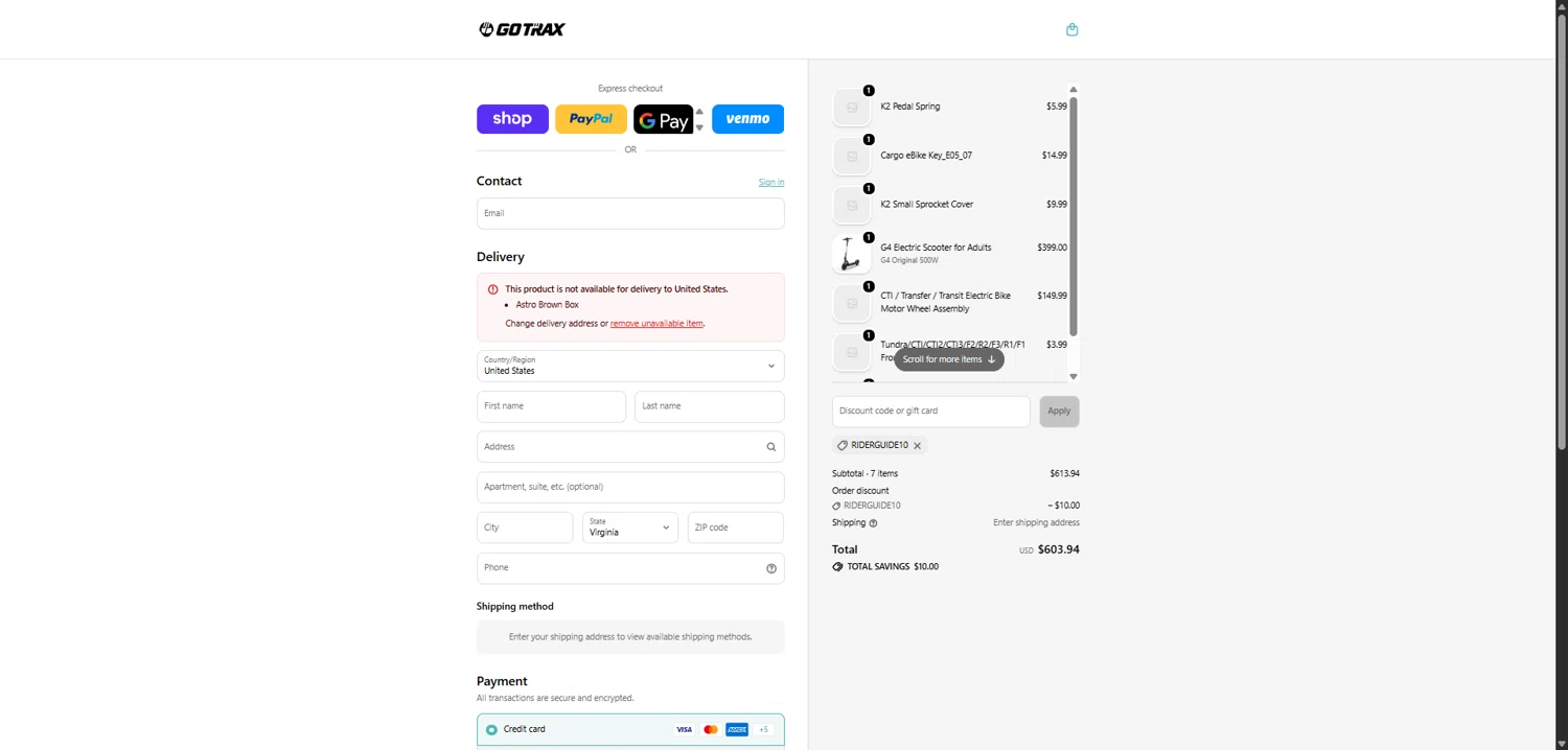 GOTRAX checkout page showing GOTRAX discount code box | Screenshot taken by SimplyCodes community member on Feb 9, 2026