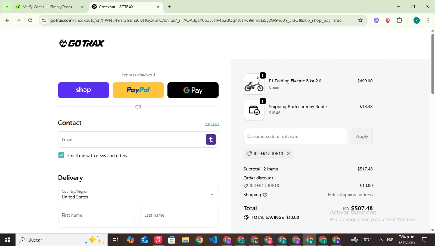 GOTRAX discount code screenshot showing code RIDERGUIDE10 applied at GOTRAX checkout page. Uploaded by SimplyCodes community member SavingsLegend387 on Nov 8, 2025