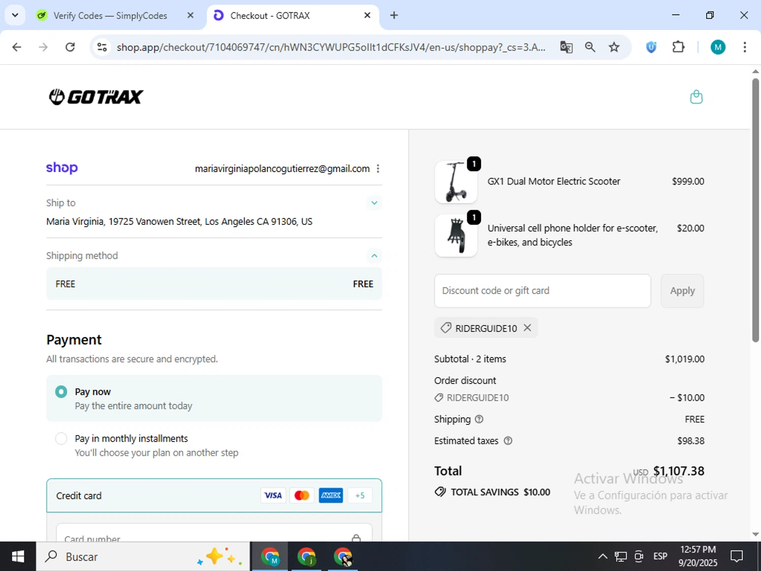 GOTRAX discount code screenshot showing code RIDERGUIDE10 applied at GOTRAX checkout page. Uploaded by SimplyCodes community member estrellaveloz on Sep 20, 2025