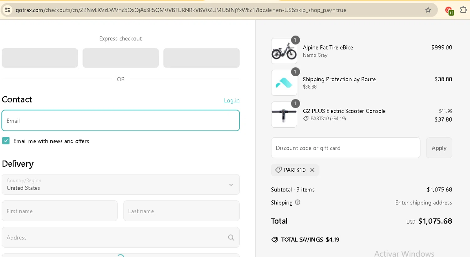 GOTRAX discount code screenshot showing code PARTS10 applied at GOTRAX checkout page. Uploaded by SimplyCodes community member AMANDA2681 on Mar 6, 2025