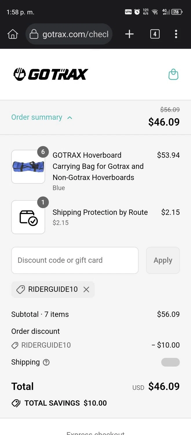 GOTRAX discount code screenshot showing code RIDERGUIDE10 applied at GOTRAX checkout page. Uploaded by SimplyCodes community member Usuario_simply on Aug 8, 2025