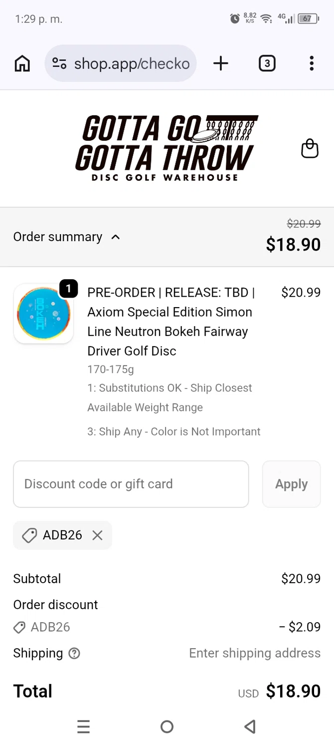 Gotta Go Gotta Throw promo code screenshot showing code ADB26 applied at Gotta Go Gotta Throw checkout page. Uploaded by SimplyCodes community member AnthonyGuapeton94 on May 30, 2026