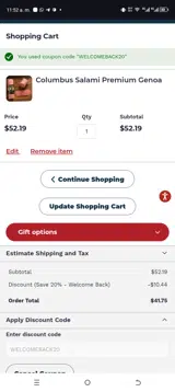 WELCOMEBACK20 coupon verification screenshot