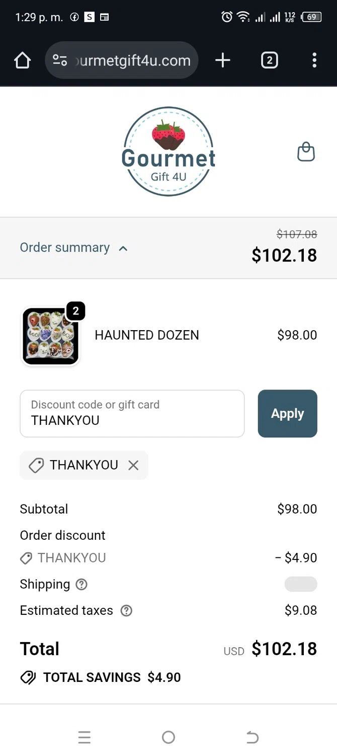 Gourmet Gift 4U promo code screenshot showing code THANKYOU applied at Gourmet Gift 4U checkout page. Uploaded by SimplyCodes community member MightyBoss5795 on Nov 1, 2025